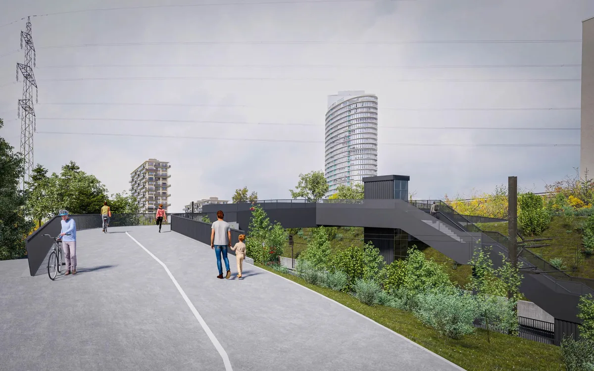 Die neue Passerelle soll die Quartiere Hochbord in Dübendorf und Mattenhof in Zürich-Schwamendingen besser miteinander verbinden. Man sieht eine Passerelle beim Bahnhof Stettbach.